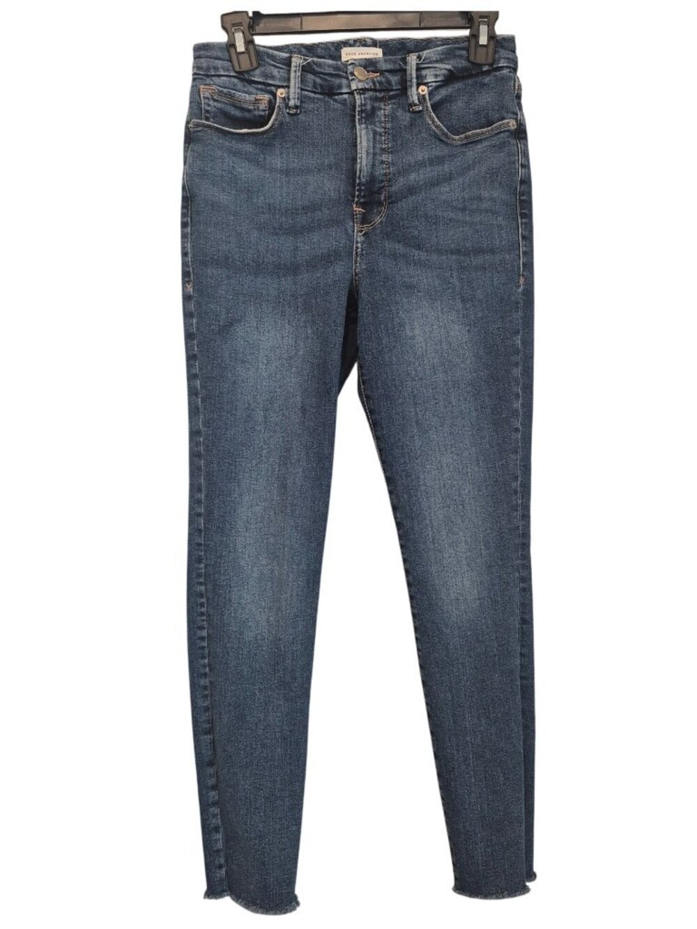 Good American Good Legs Skinny Jeans Dark Wash Frayed Hem Organic Cotton Denim 6